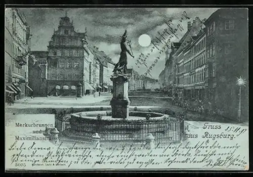 Mondschein-AK Augsburg, Merkurbrunnen und Maximilianstrasse