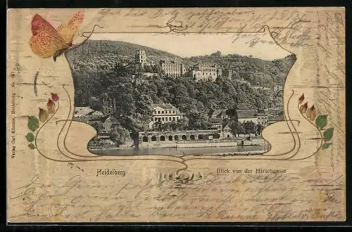 Lithographie Heidelberg, Blick von der Hirschgasse zum Schloss, Schmetterling, Passepartout
