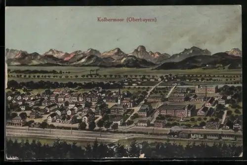 Künstler-AK Kolbermoor /Oberbayern, Teilansicht mit Eisenbahn