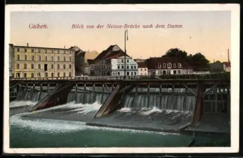 AK Guben, Blick von der Neisse-Brücke nach dem Damm