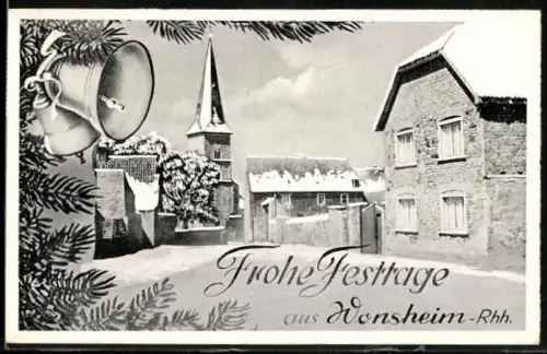AK Wonsheim /Rhh., Ortspartie im Winter, Glocke am Tannenzweig