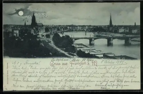 Mondschein-AK Alt-Frankfurt, Blick auf Dom, Brücke und Mainufer