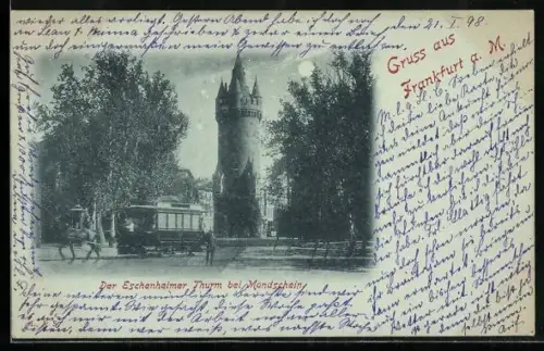 Mondschein-AK Frankfurt a. M., Eschenheimer Thurm bei Vollmond, Strassenbahn