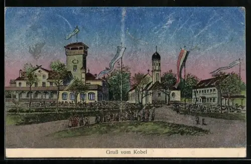 AK Kobel, Aussichtsturm, Kirche, Gasthaus