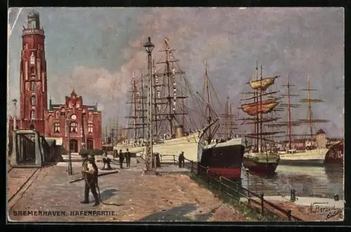 AK Bremerhaven, Hafenpartie, Segelschiffe, Leuchtturm