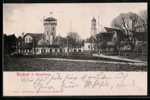 AK Kobel b. Augsburg, Aussichtsturm, Kirche, Gasthaus