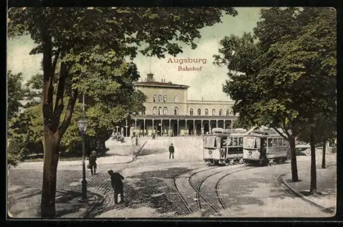 AK Augsburg, Bahnhof, Strassenbahnen