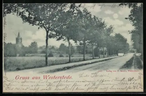 Mondschein-AK Westerstede, Kirche, Allee