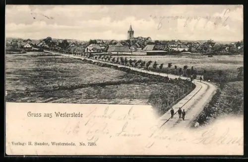 AK Westerstede, Ortsansicht mit Kirche und Landstrasse