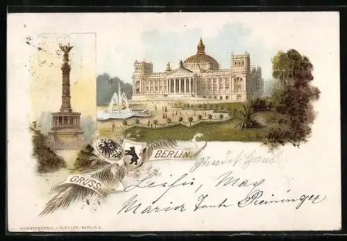 Lithographie Berlin, Reichstagsgebäude, Siegessäule