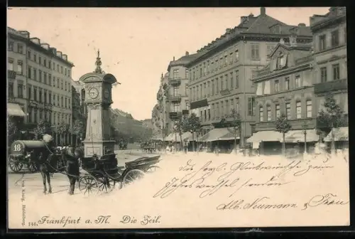AK Frankfurt a. M., Die Zeil, Strassenansicht mit Uhr und Pferdekutsche