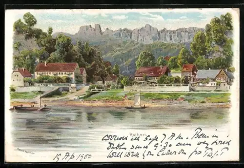 Lithographie Rathen, Ortsansicht mit Elbe und Felsenpanorama