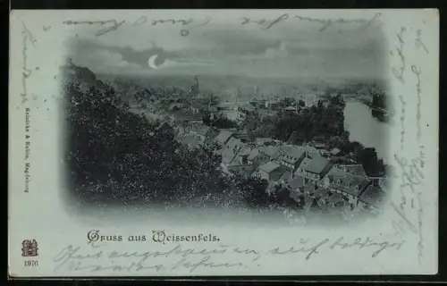 Mondschein-AK Weissenfels, Ortsansicht mit Fluss und Mondschein
