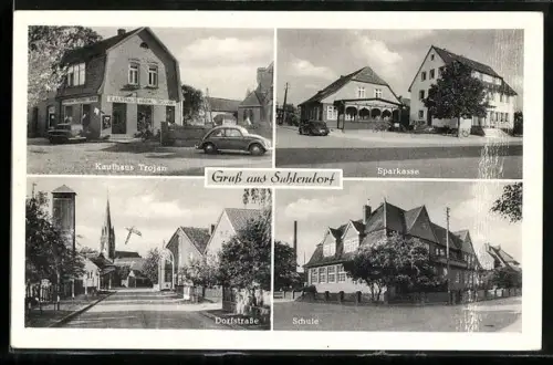 AK Suhlendorf, Kaufhaus Trojan, Sparkasse, Dorfstrasse, Schule