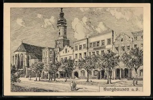 Künstler-AK Eugen Felle: Burghausen a. S., Stadtplatz, Kirche, Rathaus