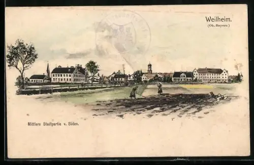 AK Weilheim / Oberbayern, Mittlere Stadtpartie von Süden