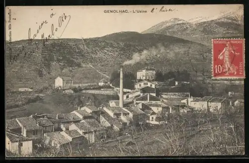 AK Genolhac, L`Usine et le village avec montagnes en arrière-plan