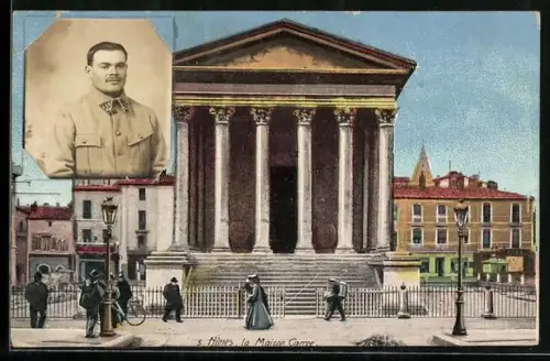 AK Nîmes, La Maison Carrée et portrait d`un homme en uniforme