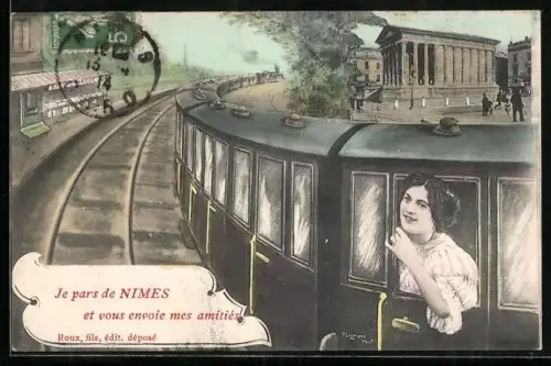 AK Nîmes, Départ du train avec vue sur la Maison Carrée et message d`amitié