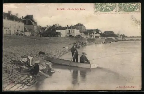 AK Digoin, Bords de la Loire avec pêcheurs et maisons en arrière-plan