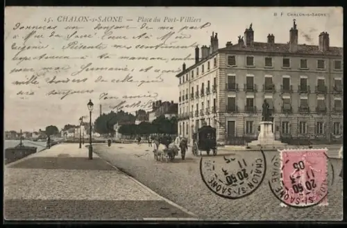 AK Chalon-sur-Saône, Place du Pont-Villiers avec statue et calèche en bord de Saône