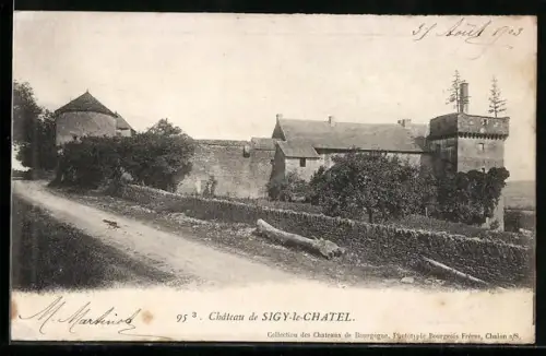 AK Sigy-le-Châtel, Château et chemin bordé de murs en pierre