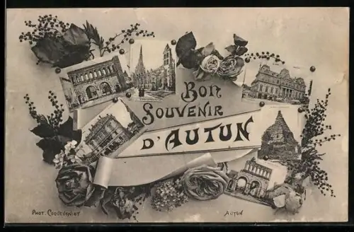 AK Autun, Bon souvenir d`Autun avec collages de monuments et roses
