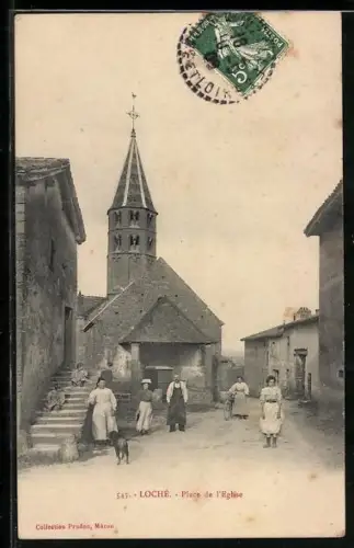 AK Loché, Place de l`Église avec habitants et chien