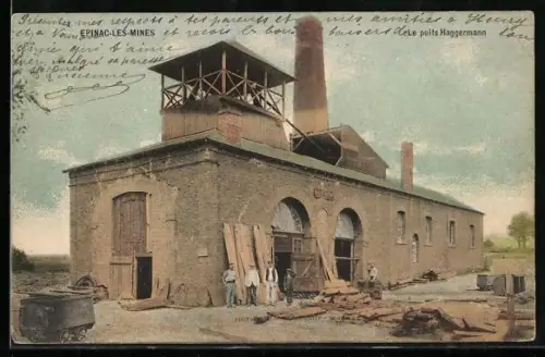 AK Épinac-les-Mines, Le puits Hagermann et travailleurs devant le bâtiment industriel