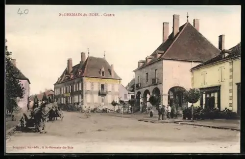 AK St-Germain-du-Bois, Centre du village animé avec charrette et passants