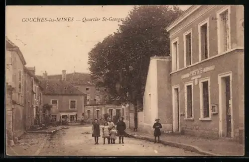 AK Couches-les-Mines, Quartier St-Georges avec bureau de poste et enfants dans la rue