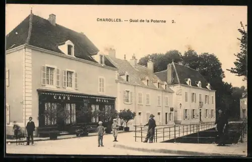 AK Charolles, Quai de la Poterne avec café et hôtel