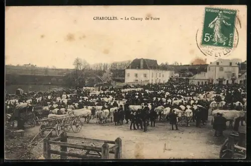 AK Charolles, Le Champ de Foire avec foule et bétail