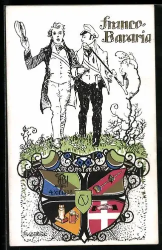 AK Studentenwappen der Burschenschaft Franco-Bavaria, Zwei Studenten mit Pfeife