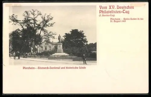AK Pforzheim, XV. Deutscher Philatelisten-Tag 1903, Bismarck-Denkmal und historische Linde