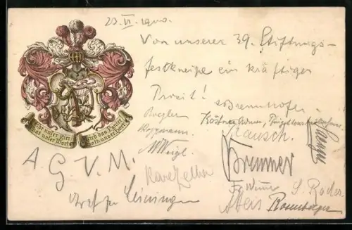 AK München, Studentenwappen mit Lyra und Wahlspruch