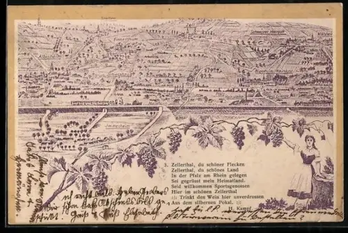 Lithographie Zellertal, Panoramaansicht, Weinbau, Gedicht