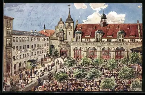 AK München, Gaststätte Mathäserbräu-Bierhallen, Biergarten