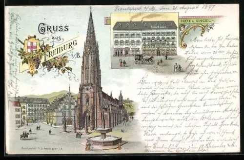 Lithographie Freiburg i. B., Münster, Rathaus, Hotel Engel