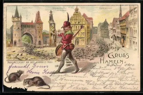 Lithographie Hameln, Ostertor, Rolanddenkmal, Osterstrasse, Rattenfänger