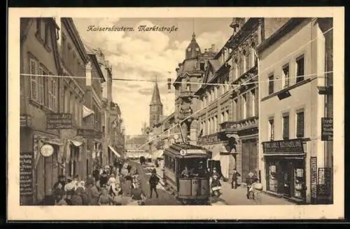AK Kaiserslautern, Strassenbahn in der Marktstrasse, Buchhandlung, Kirche