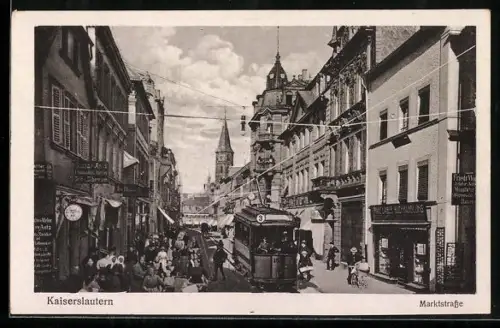 AK Kaiserslautern, Marktstrasse mit Strassenbahn, Geschäftshäuser