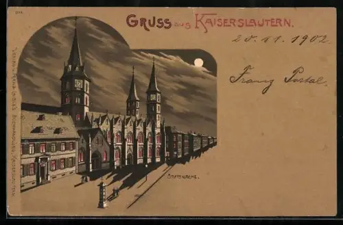 Lithographie Kaiserslautern, Stiftskirche bei Nacht