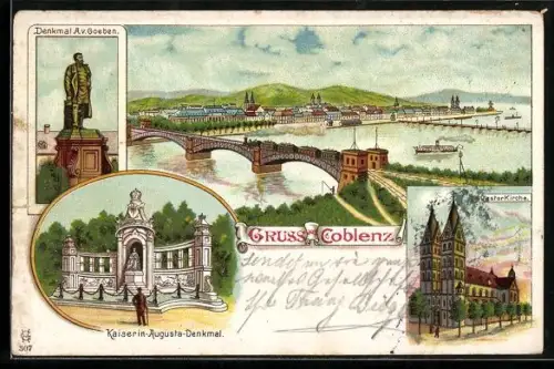 Lithographie Koblenz, Kaiserin-Augusta-Denkmal, Denkmal A. v. Goeben, Kastor-Kirche