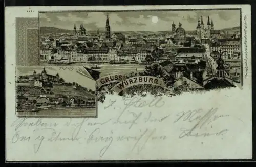 Mondschein-Lithographie Würzburg, Ortsansicht, Festung Marienberg, Dom, Alte Mainbrücke