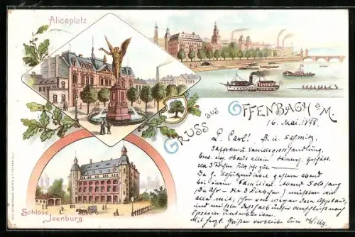 Lithographie Offenbach a. M., Aliceplatz, Schloss Isenburg, Mainansicht