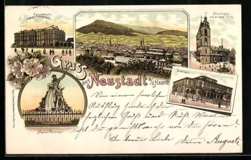 Lithographie Neustadt a. d. Haardt, Gymnasium, Marktplatz mit protest. Kirche, Hauptbahnhof, Noppert-Denkmal