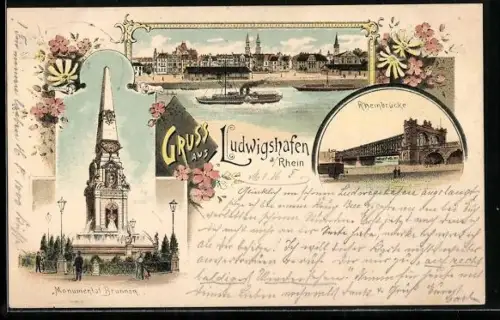 Lithographie Ludwigshafen a. Rhein, Stadtansicht, Rheinbrücke, Monumentalbrunnen