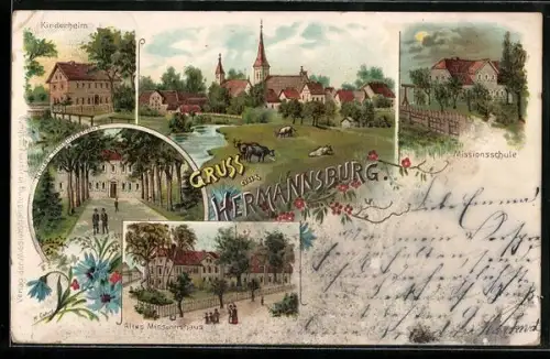 Lithographie Hermannsburg, Missionsschule, Kinderheim, Altes Missionshaus