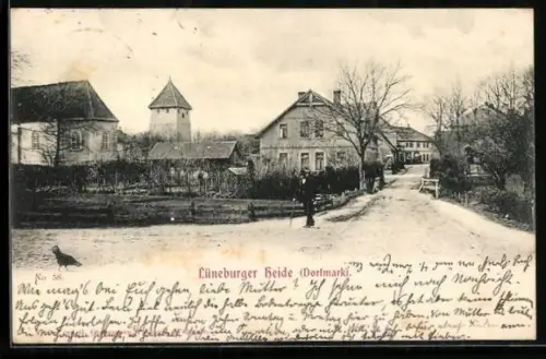 AK Dorfmark /Lüneburger Heide, Dorfansicht mit Kirche und Wohnhäusern